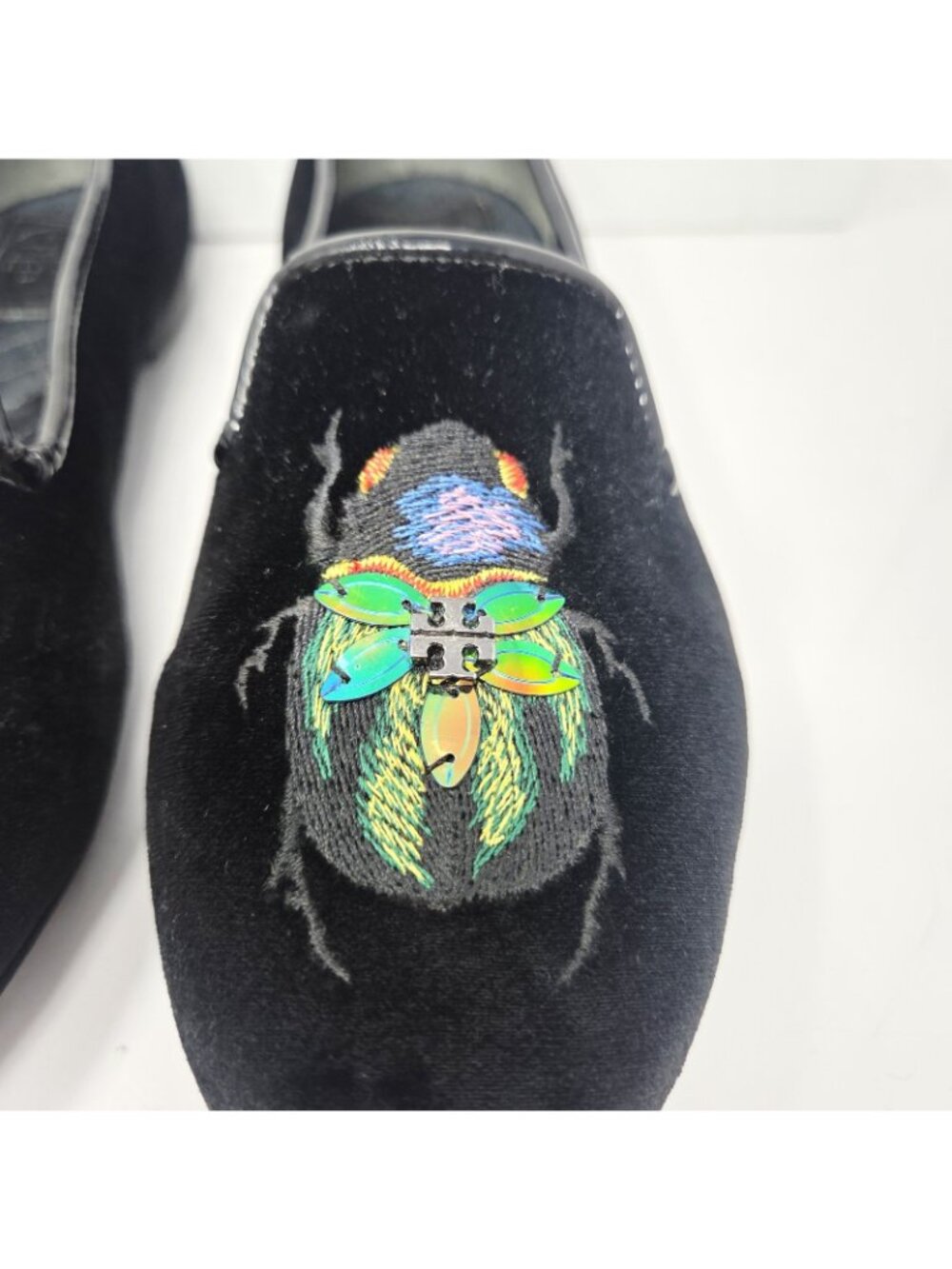 TORY BURCH Easton Black Velvet Slipper Loafer Flats embroidered beetle logo 7 M - Picture 4 of 10